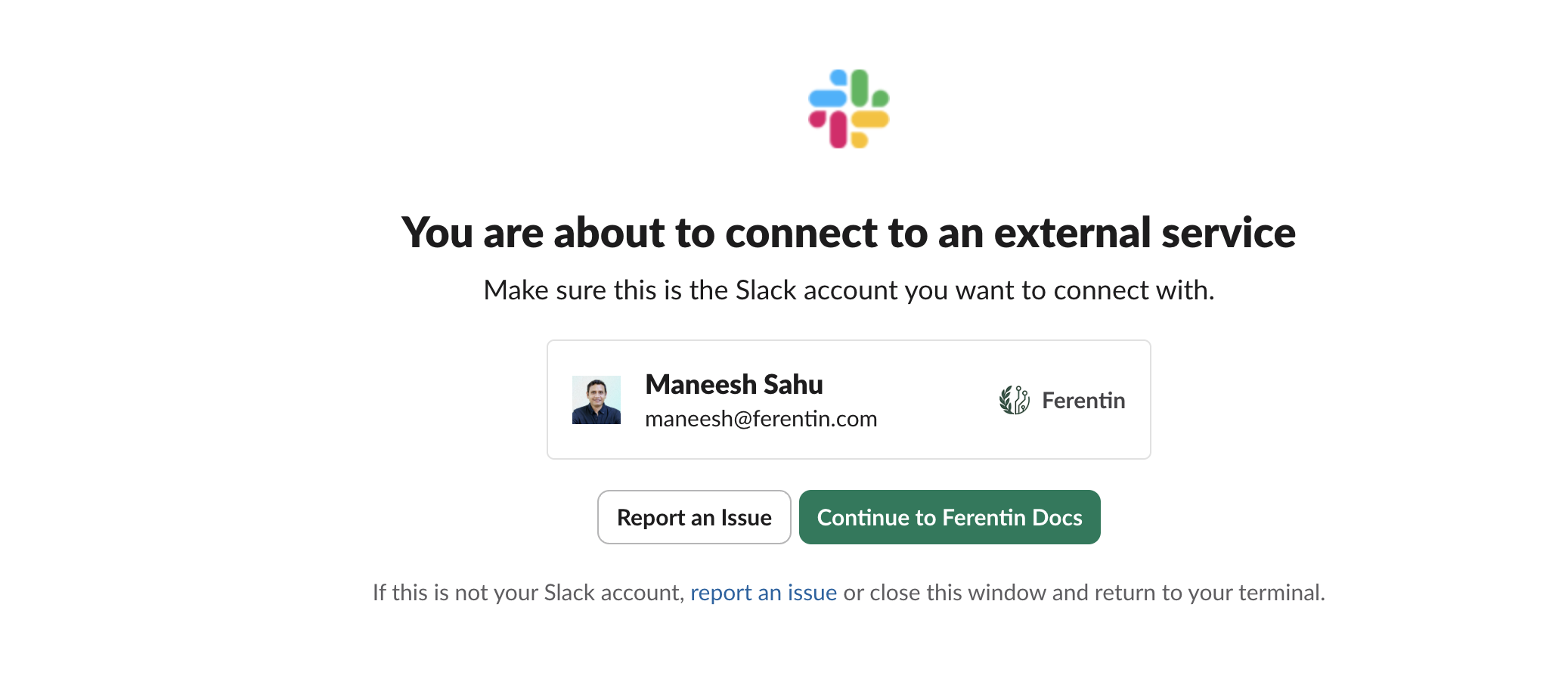 Slack's connect screen confirming the Slack account before continuing to the Ferentin Docs sign-in