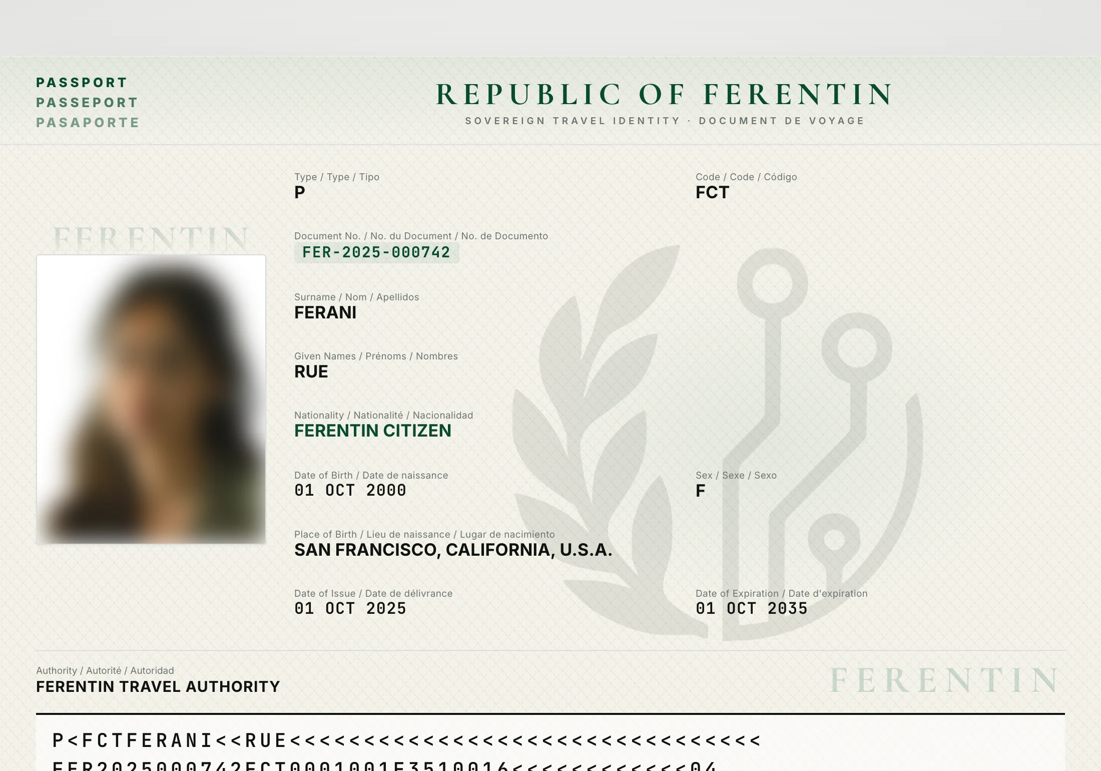 Republic of Ferentin passport identification page