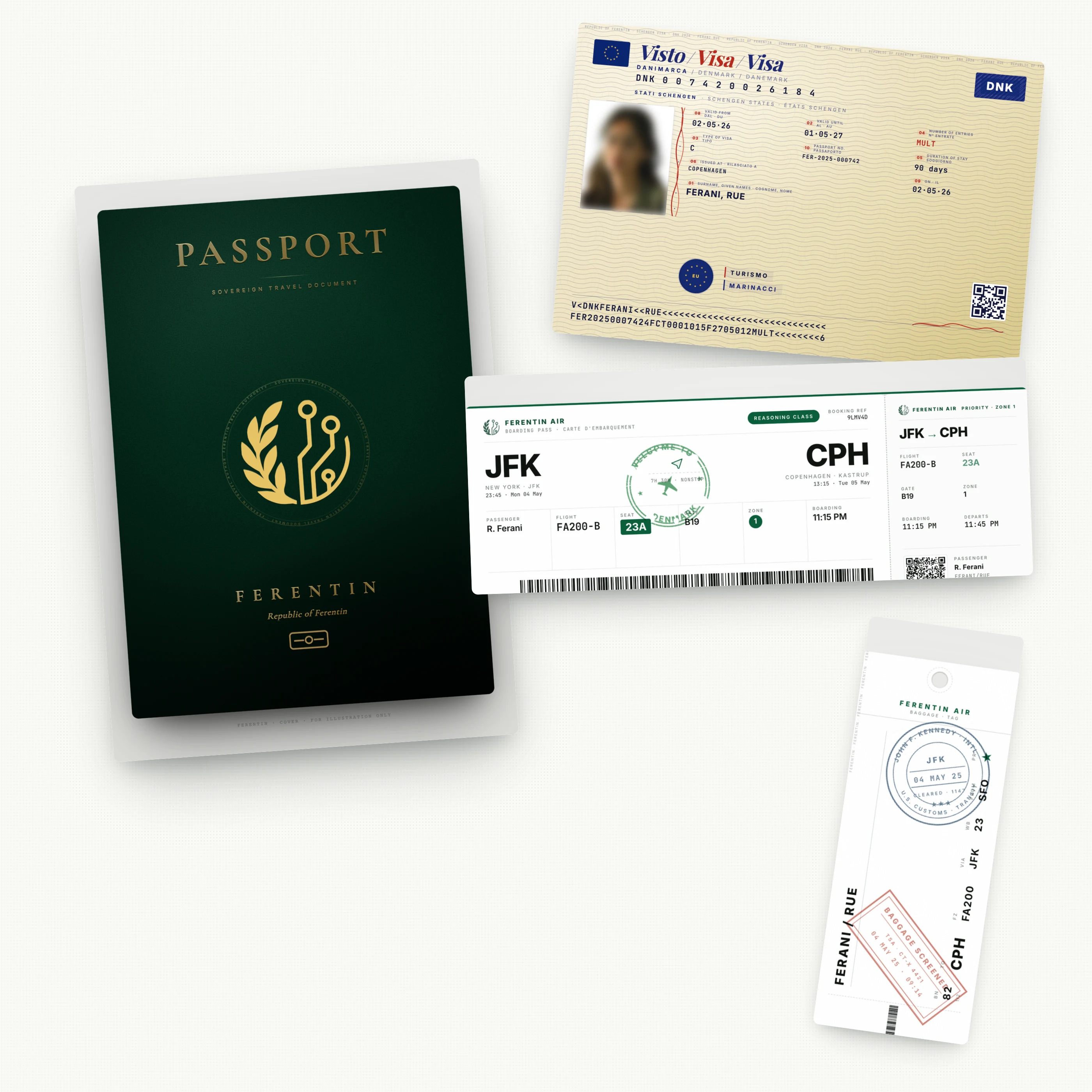 Composition of passport, boarding passes, visa and luggage tag