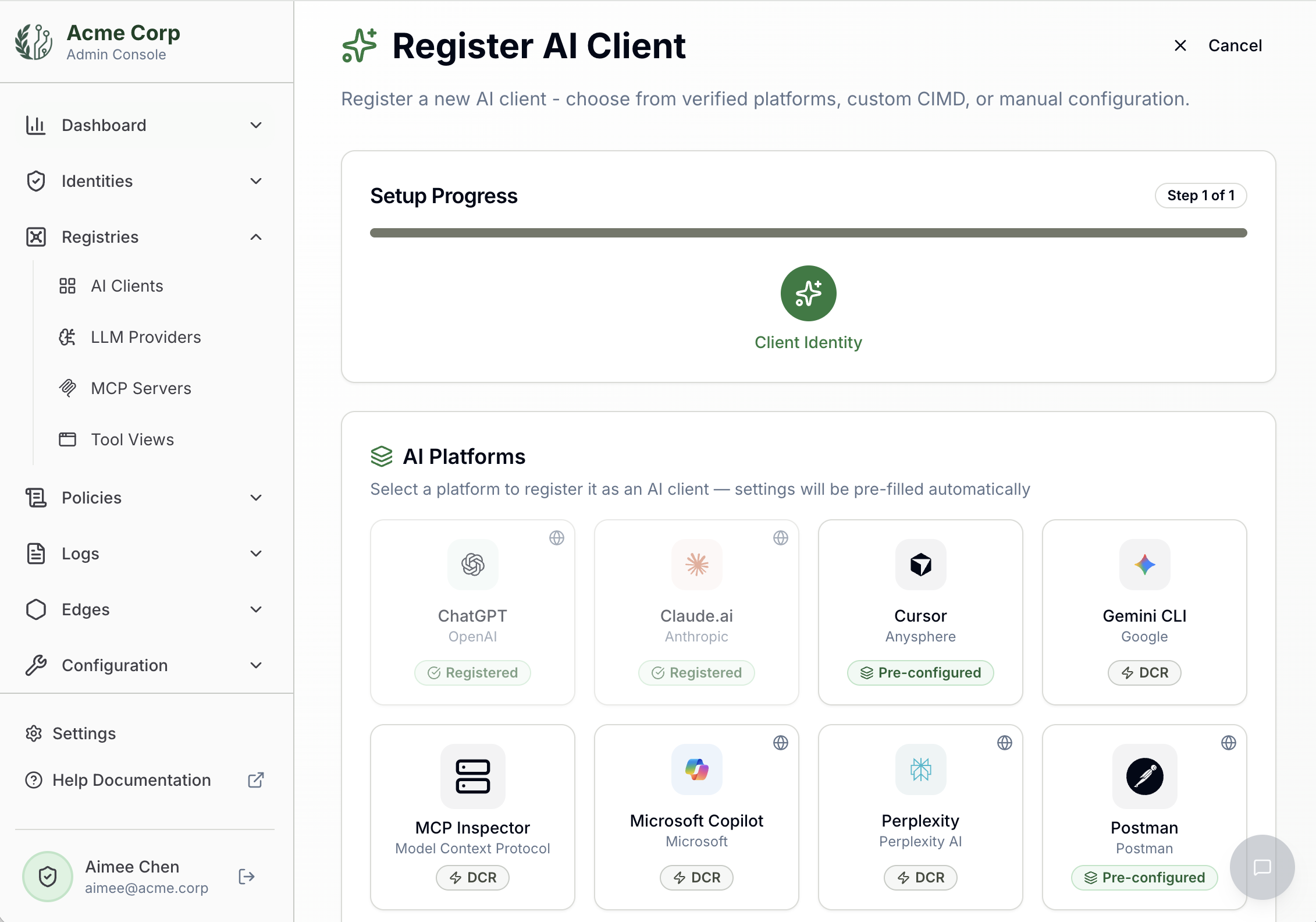 Ferentin Admin Console — Register AI Client wizard showing supported platforms including ChatGPT, Claude.ai, Cursor, Gemini CLI, MCP Inspector, Microsoft Copilot, Perplexity and Postman