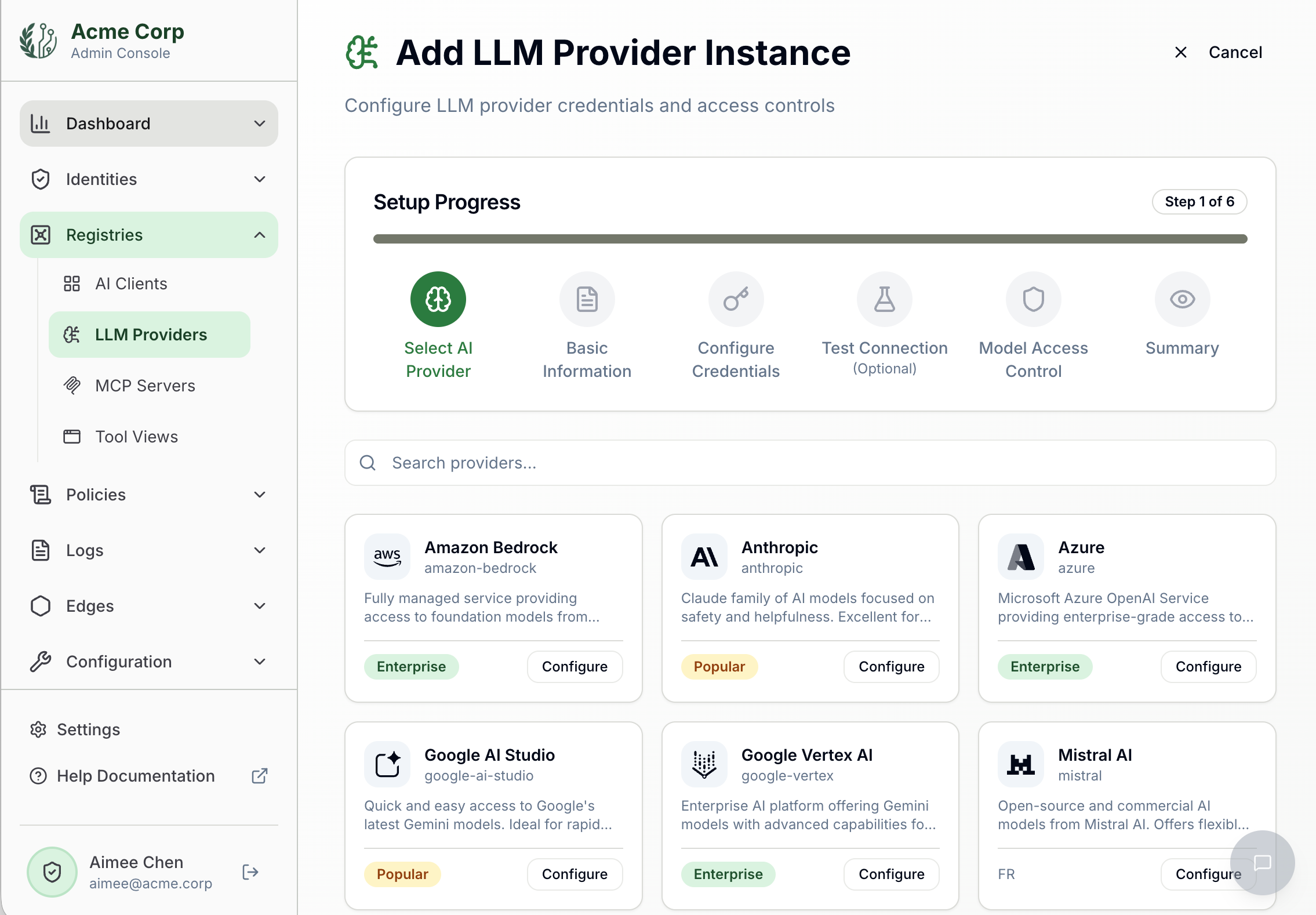 Ferentin Admin Console — Add LLM Provider Instance wizard showing supported providers including Alibaba Cloud, Amazon Bedrock, Anthropic, Azure, Google AI Studio and Google Vertex AI