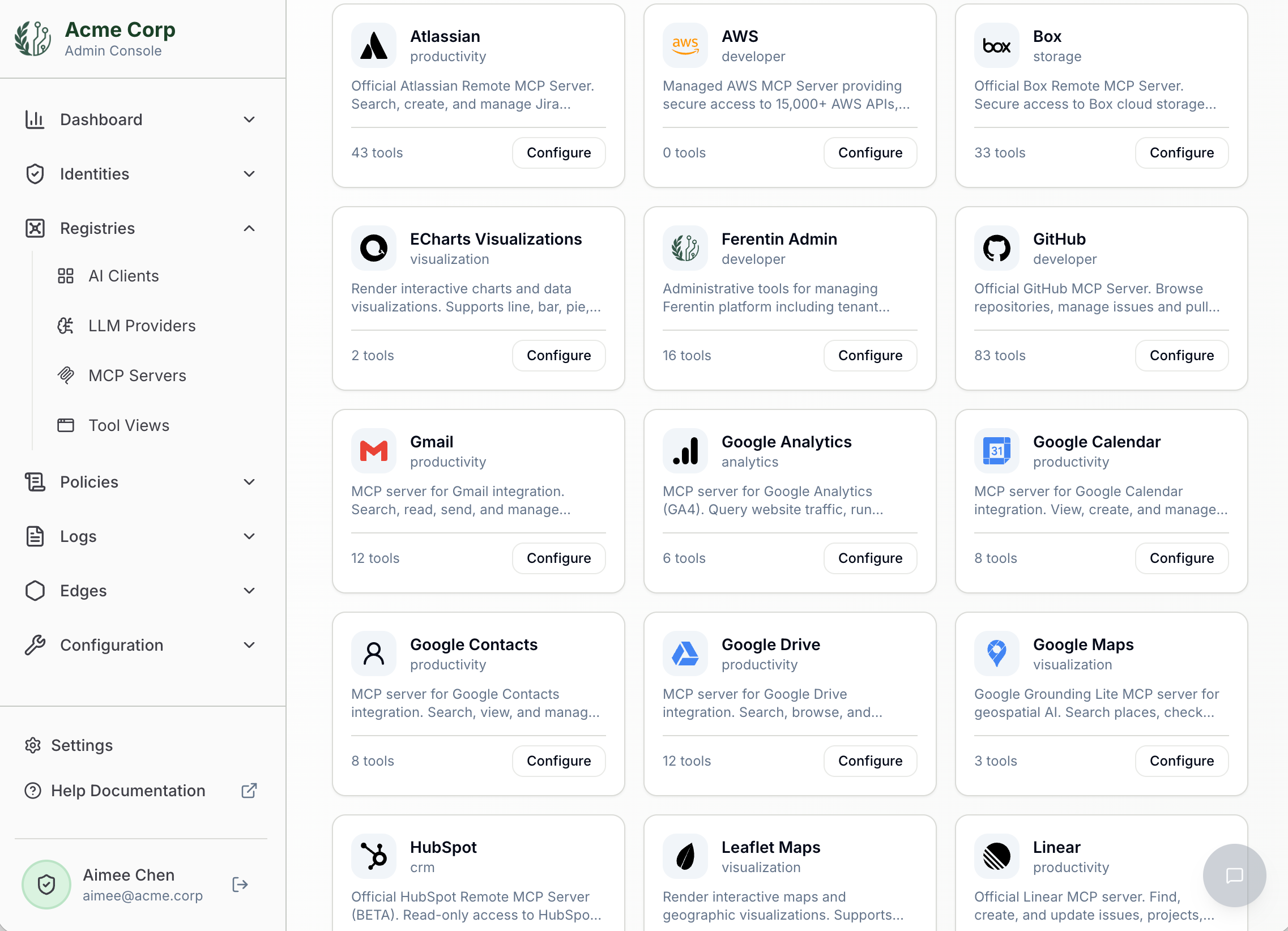 Ferentin Admin Console — MCP Servers registry showing available connectors including Atlassian, AWS, Box, GitHub, Gmail, Google Analytics, Google Calendar and Google Drive