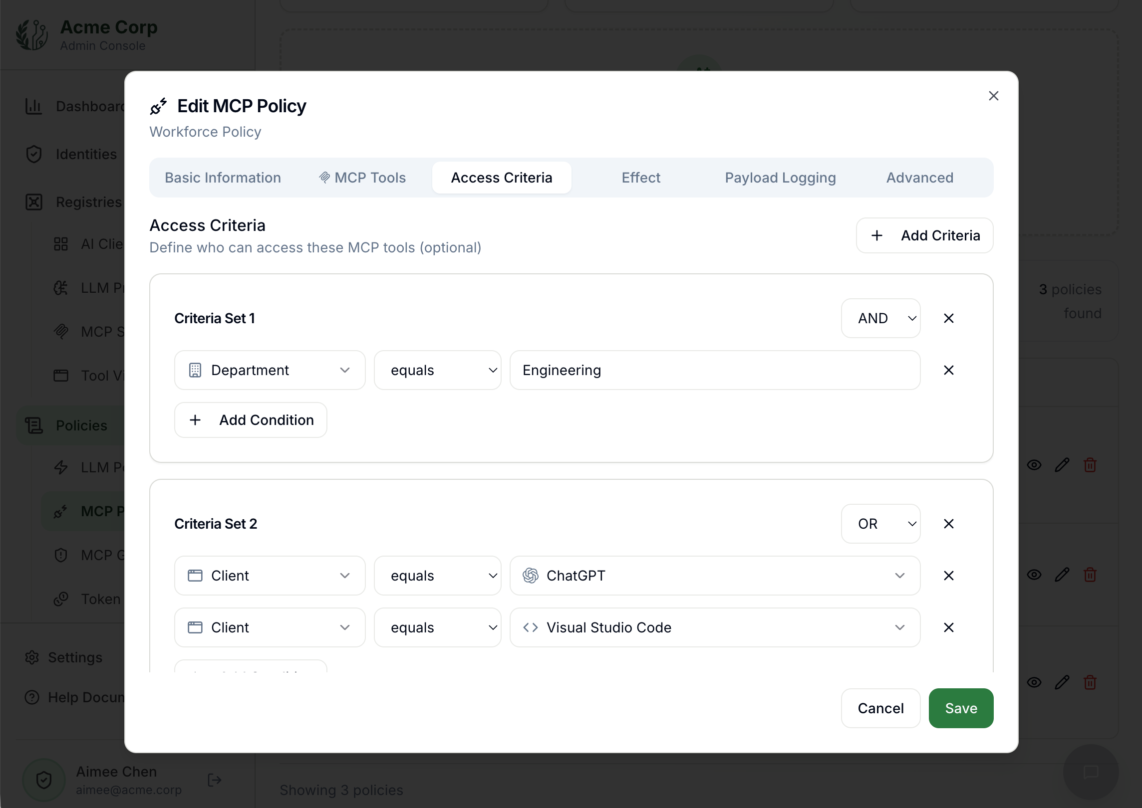 Ferentin Admin Console — Edit MCP Policy dialog showing access criteria with department and client conditions for fine-grained tool access control