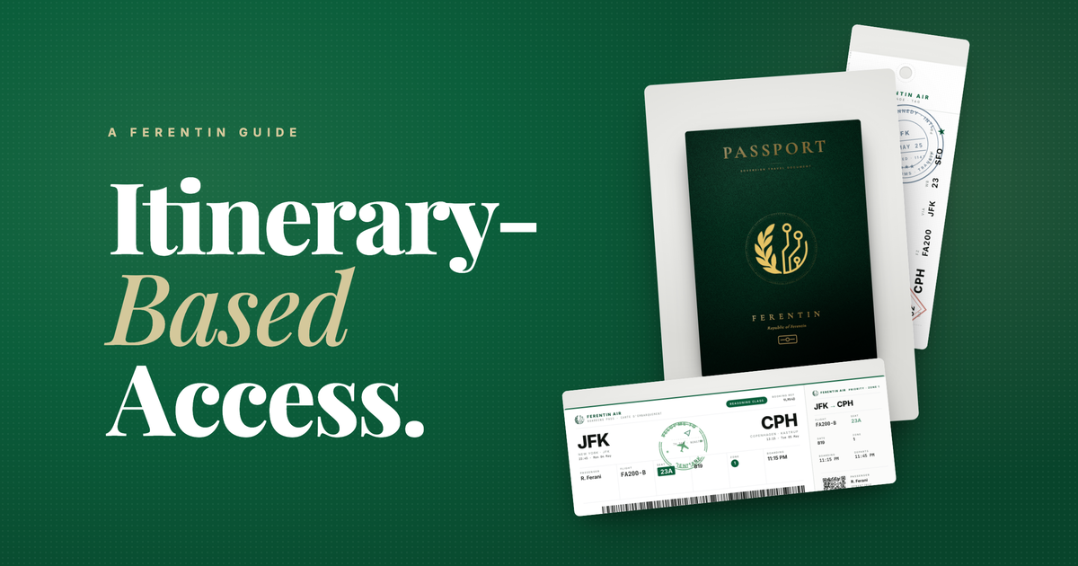 A flat-lay of the four travel documents an enterprise AI agent carries: a Republic of Ferentin passport, a boarding pass, a Schengen-style visa and a luggage tag.
